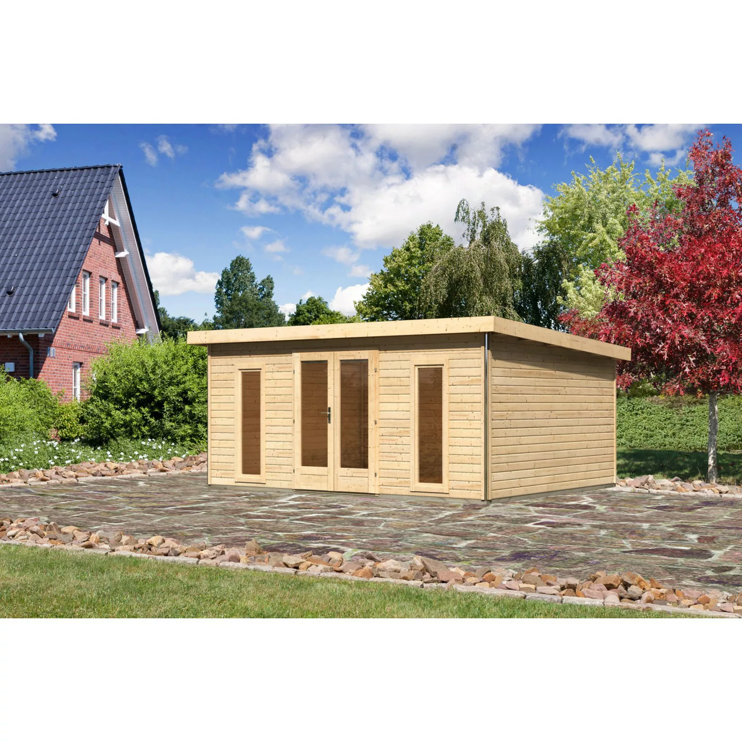 Karibu Holz-Gartenhaus Norrköping Naturbelassen Flachdach 488 cm x 366 cm günstig online kaufen
