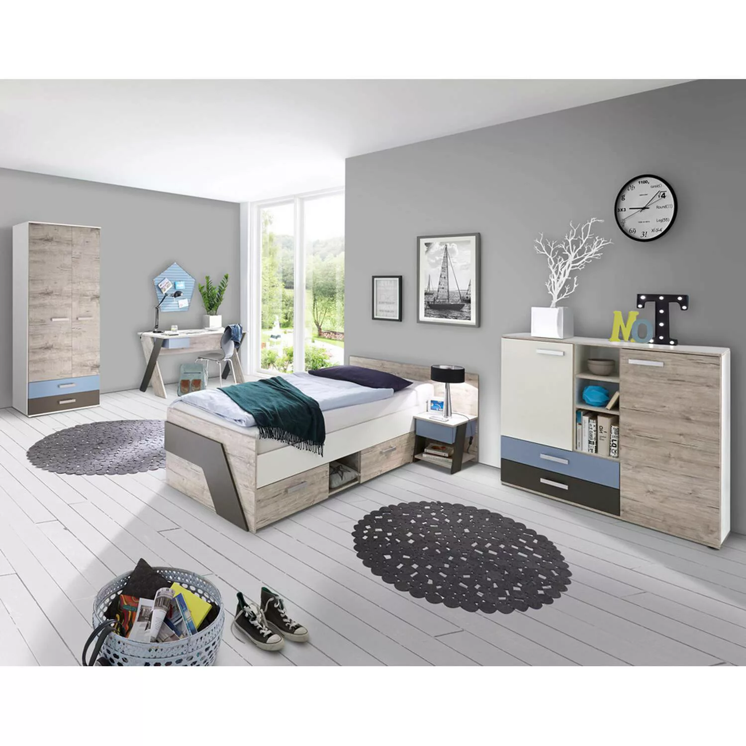 Jugendzimmer Set mit Bett 90x200 cm 5-teilig mit Kleiderschrank LEEDS-10 in günstig online kaufen