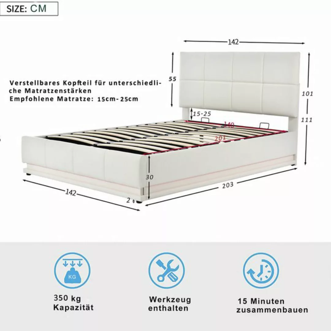 HT Polsterbett Doppelbett mit LED Beleuchtung, Metalllattenrost Bettkasten günstig online kaufen