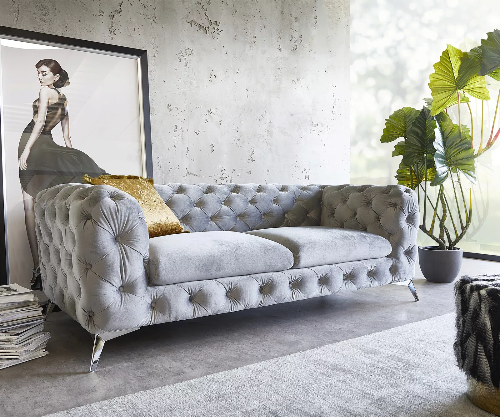 DELIFE 3-Sitzer Corleone, Samt Grau 225x97 cm 3-Sitzer Couch günstig online kaufen