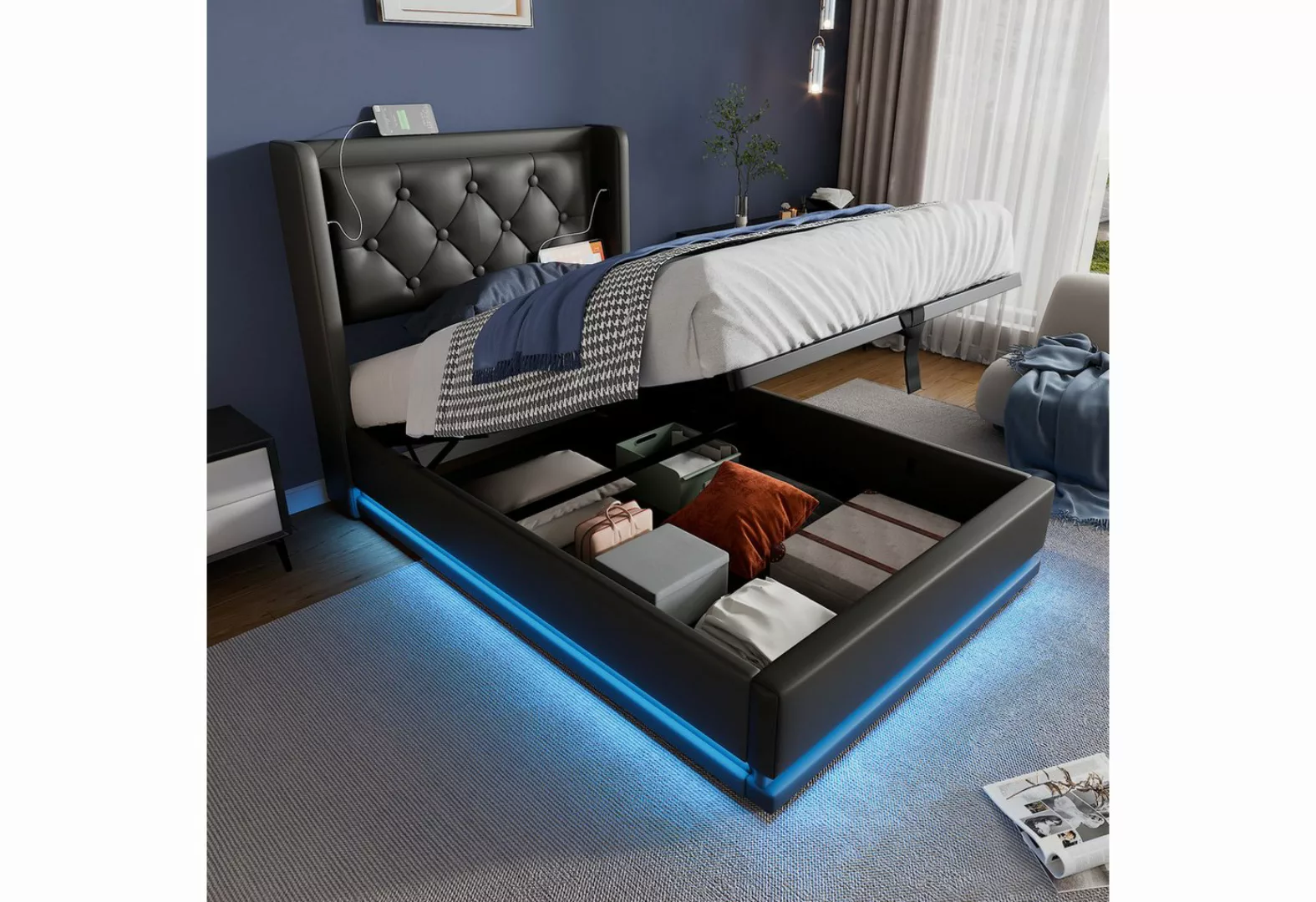 Rutaqian Stauraumbett Polsterbett mit LED, Luxuriöses Design, mit Kopfteil günstig online kaufen
