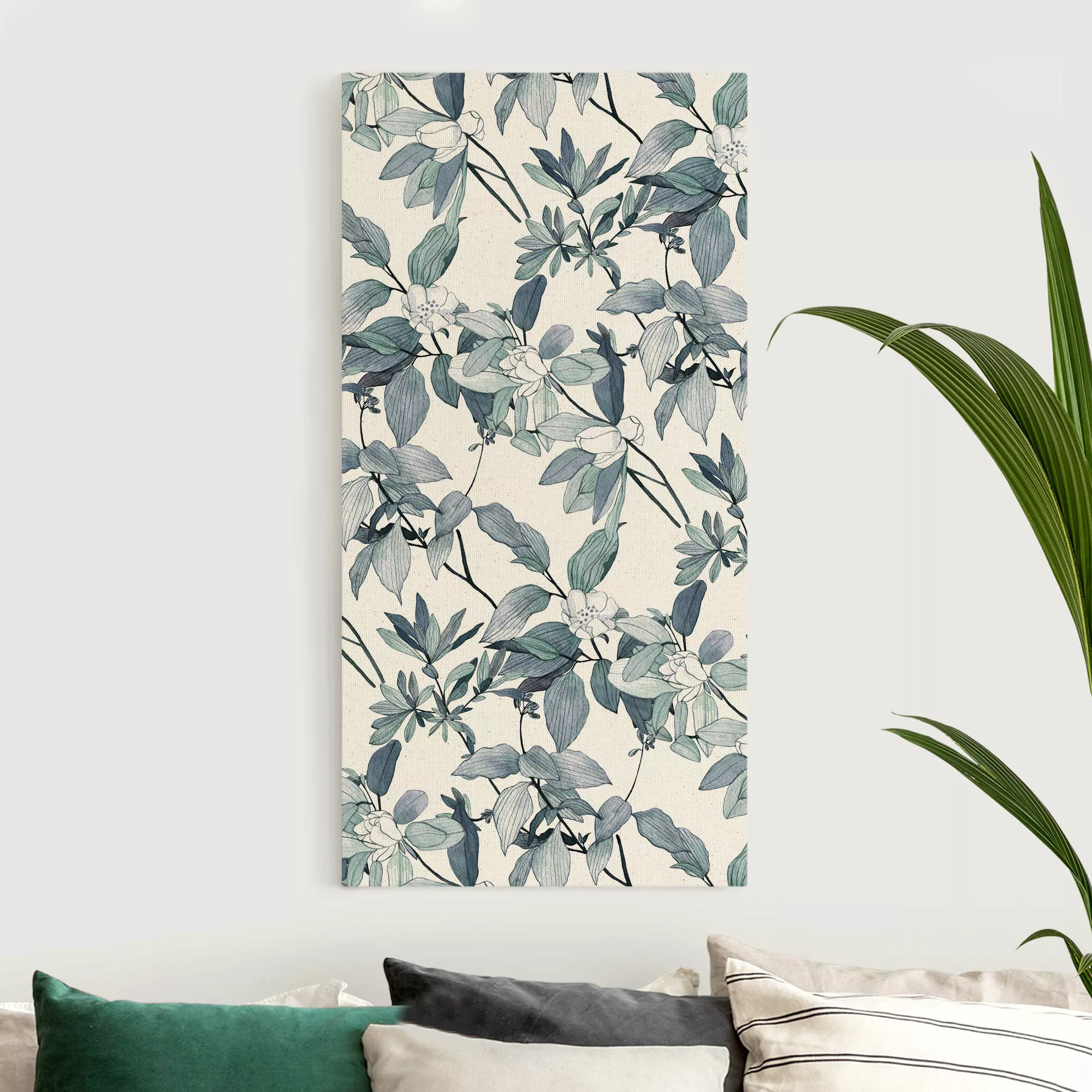 Leinwandbild auf Naturcanvas Romantisches Blütenaquarell Blaugrau günstig online kaufen