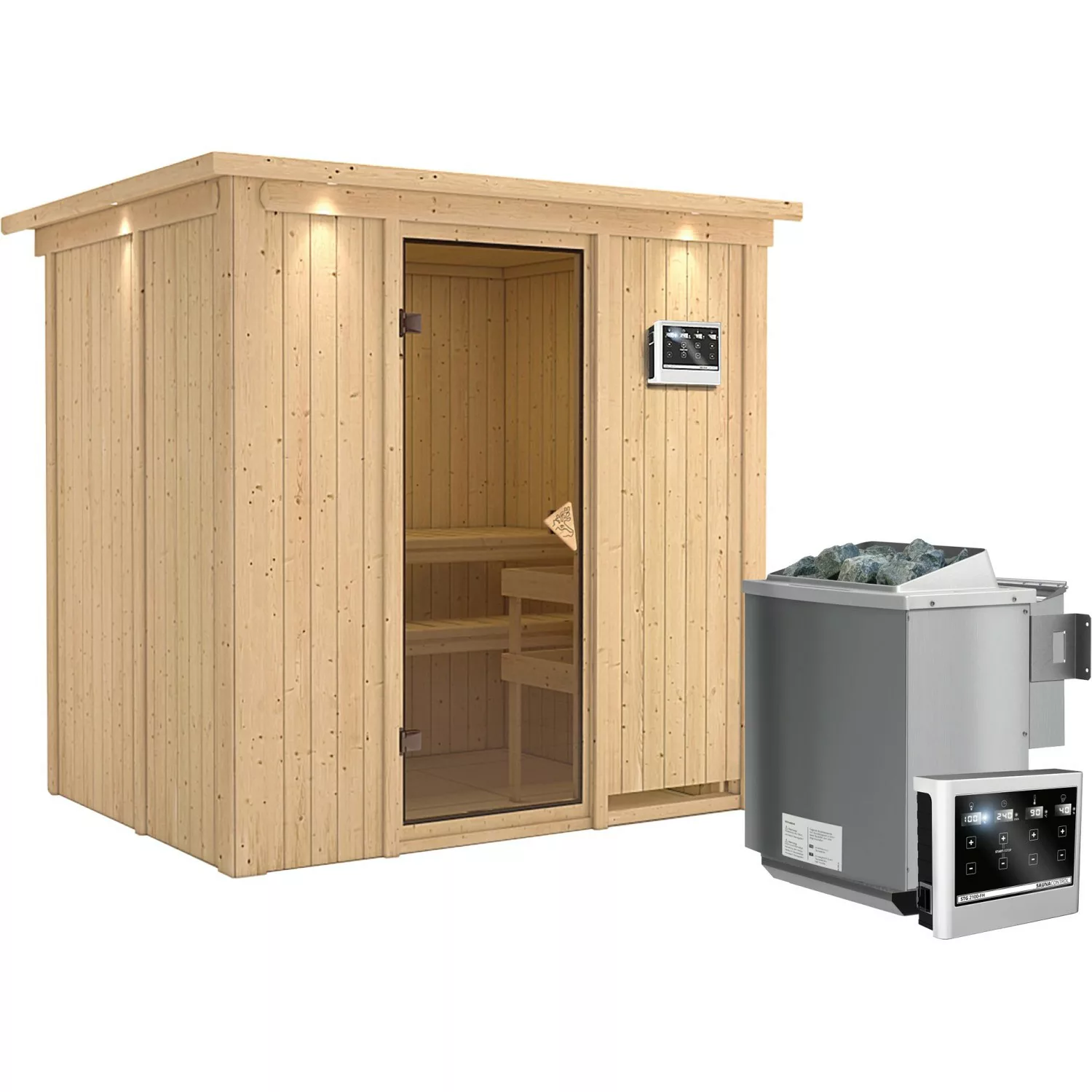 Karibu Sauna-Set Bjarne inkl. Bio-Ofen 9 kW mit ext. Steuerung, Dachkranz günstig online kaufen