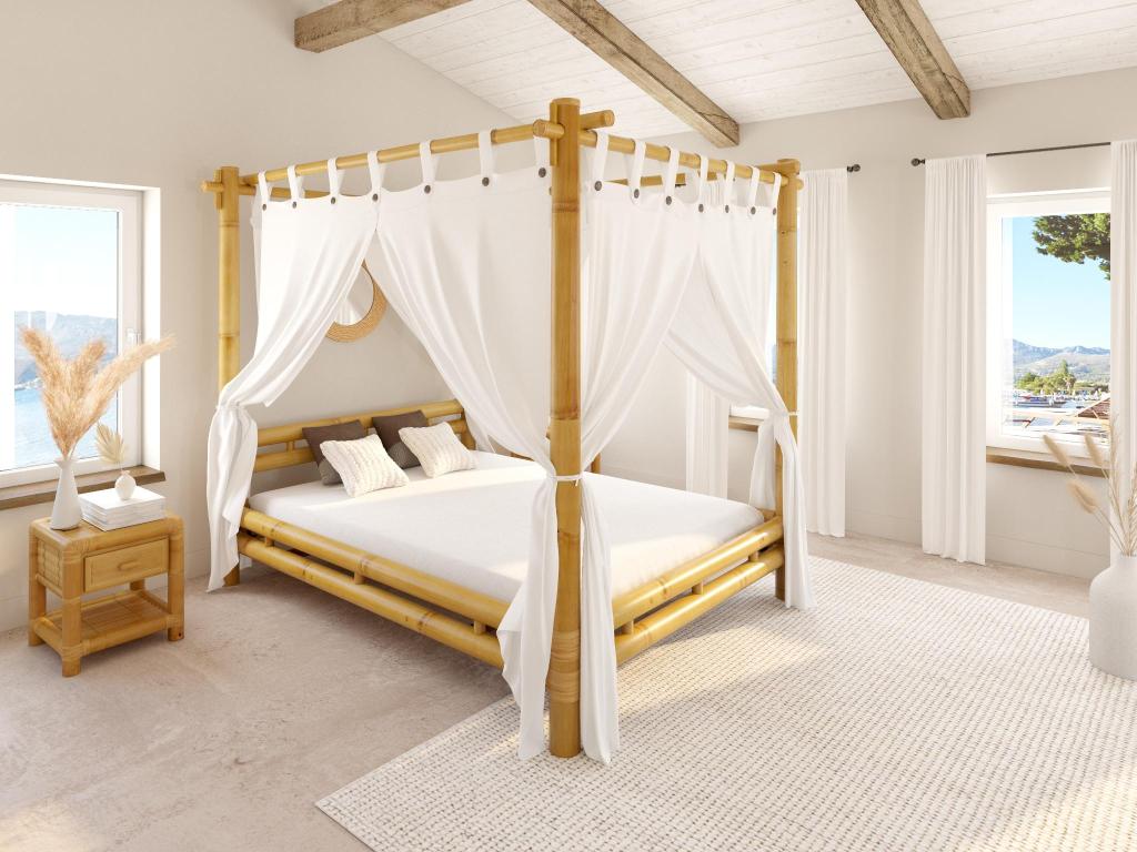 Himmelbett mit Vorhang - 160 x 200 cm - Bambus - Naturfarben - MALINDI günstig online kaufen