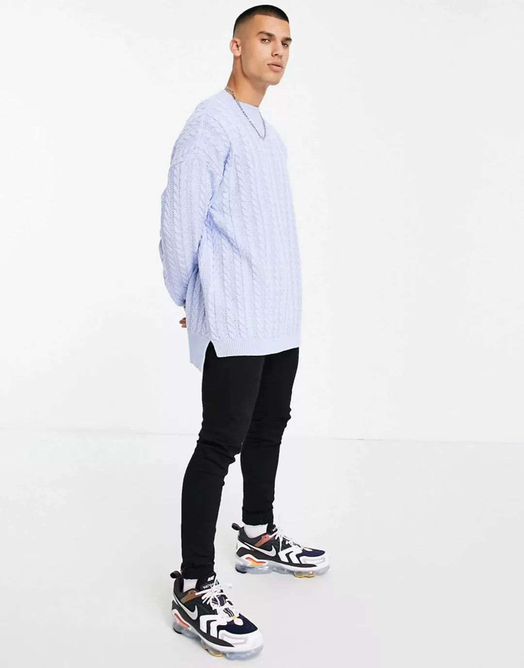 ASOS DESIGN – Langer Pullover aus Grobstrick in Hellblau günstig online kaufen