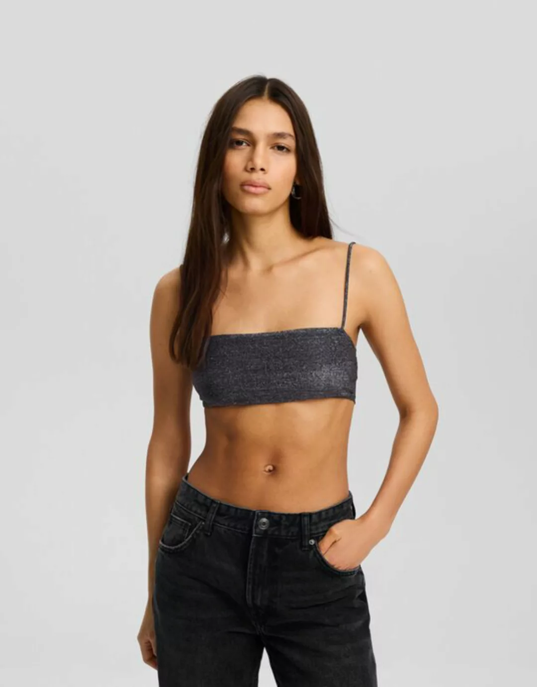 Bershka Cropped-Top Mit Trägern Und Glitzer Damen M Silber günstig online kaufen