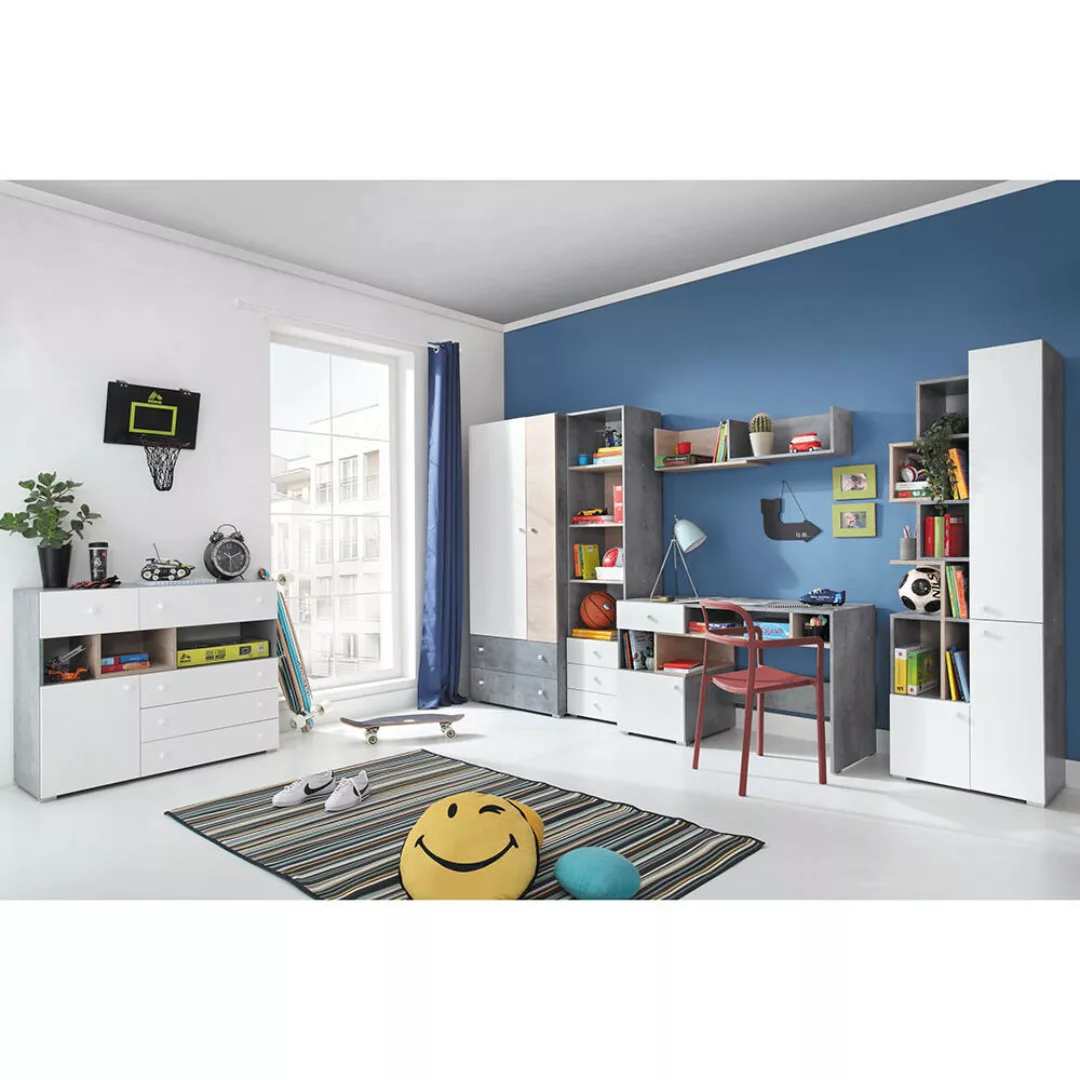Jugendzimmer Set 6-teilig SEATTLE-133 mit Schreibtisch in Beton weiß Eiche günstig online kaufen