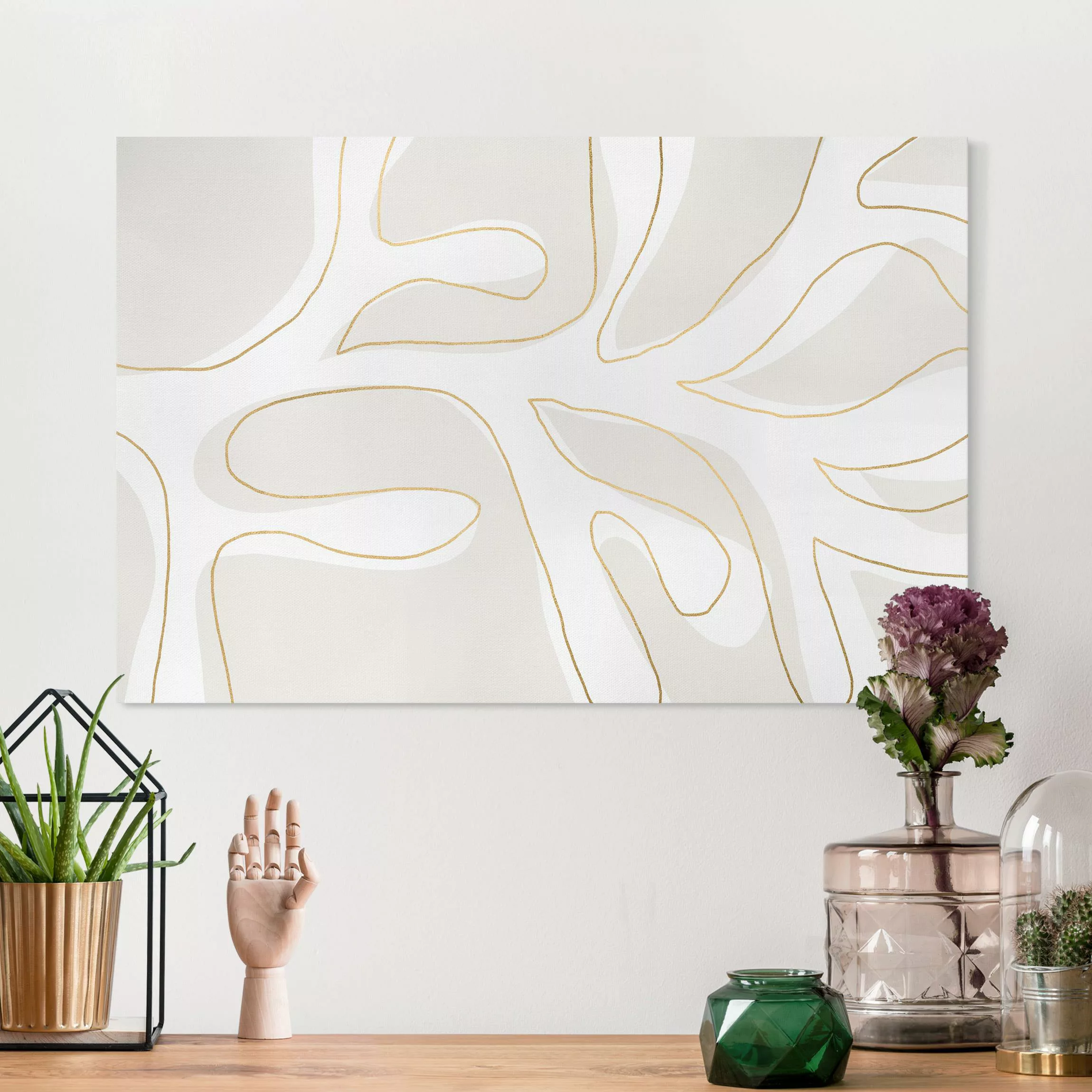 Leinwandbild Beige Blattstrukturen mit goldenen Linien günstig online kaufen