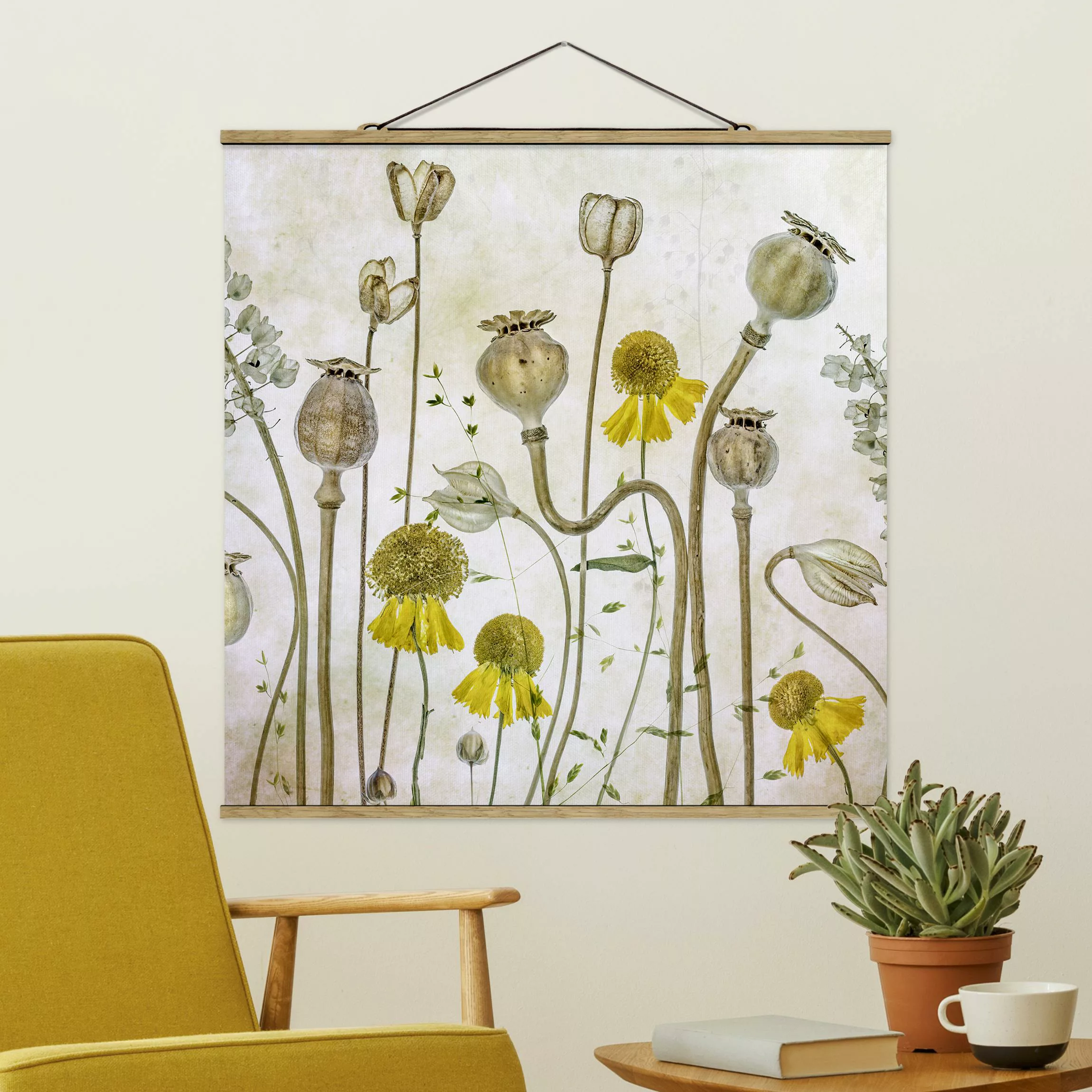 Stoffbild Blumen mit Posterleisten - Quadrat Mohn und Helenium günstig online kaufen
