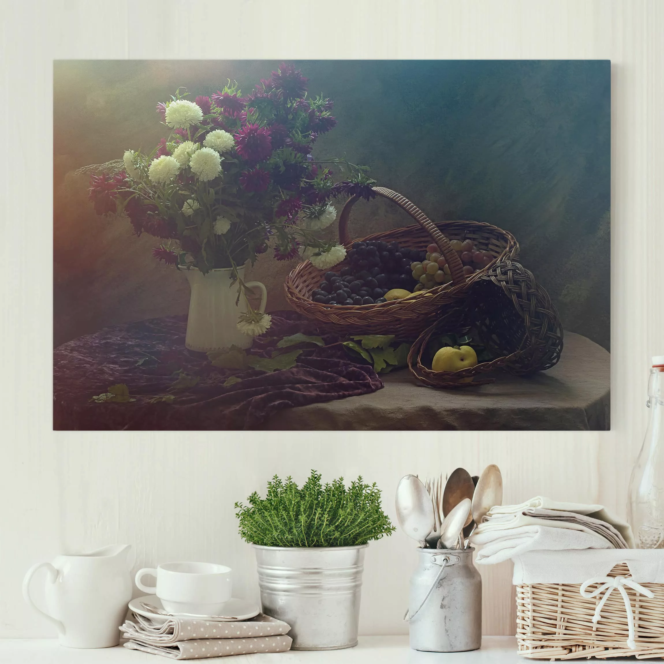 Leinwandbild Küche - Querformat Stillleben mit Blumenvase günstig online kaufen