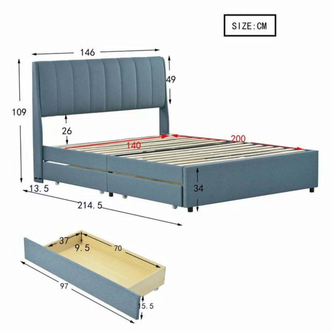 Flieks Polsterbett, Doppelbett Holzbett mit 4 Schubladen Leinen 140x200cm günstig online kaufen