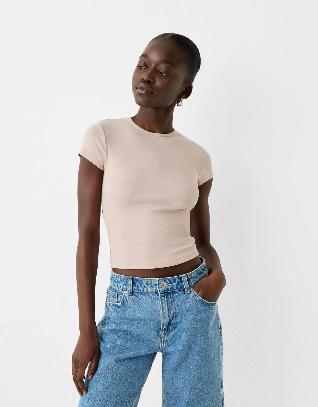 Bershka T-Shirt Mit Rundausschnitt Damen M Sandfarbe günstig online kaufen