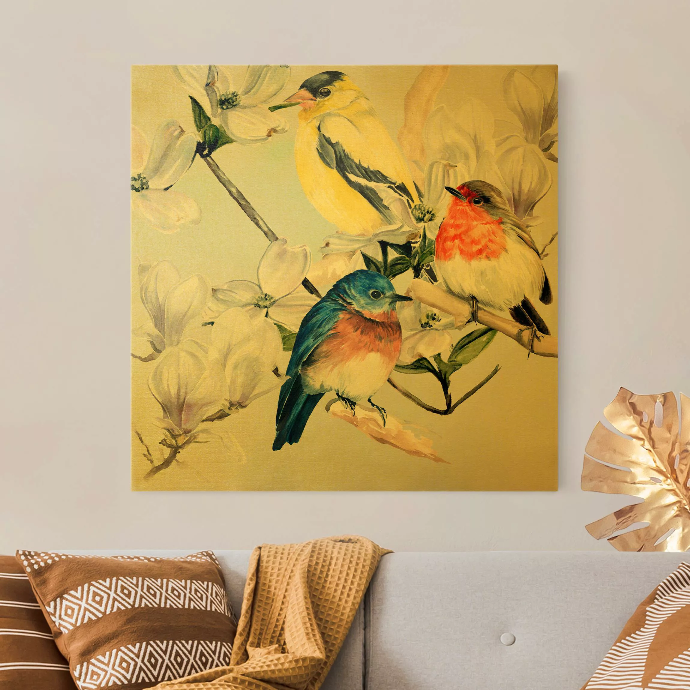 Leinwandbild Gold Bunte Vögel auf einem Magnolienast II günstig online kaufen