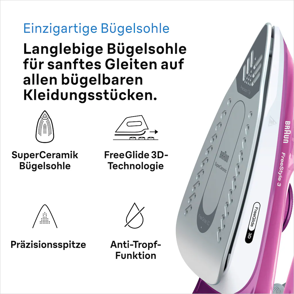 Braun Dampfbügeleisen »Braun FreeStyle 3 FI 3124 PU Dampfbügeleisen Weiß/Li günstig online kaufen