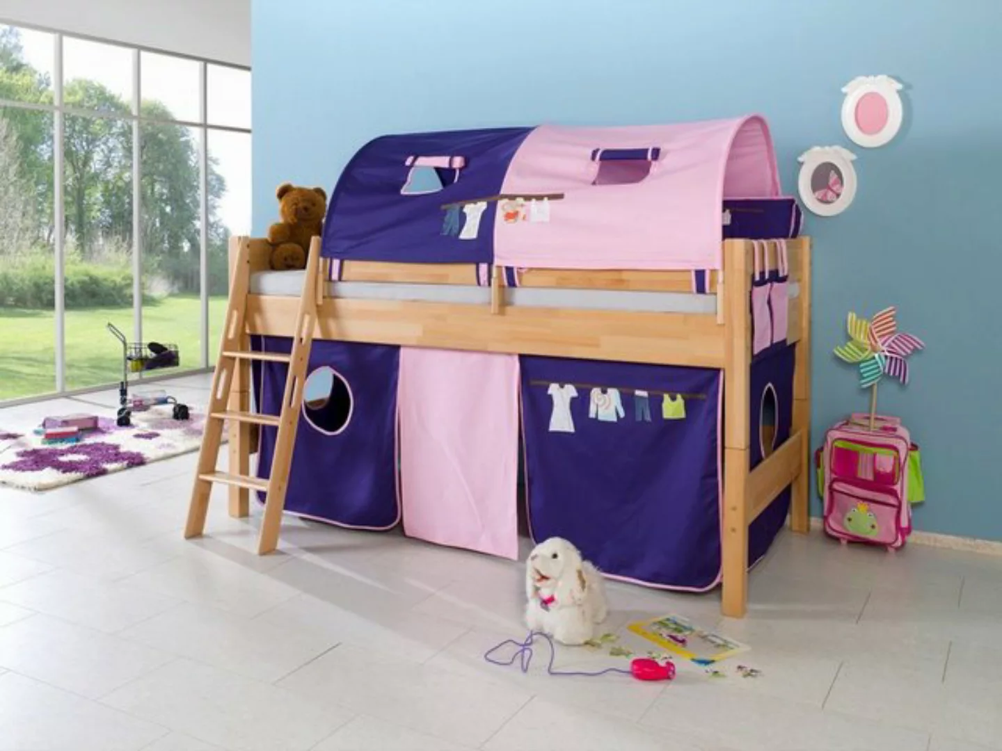 Natur24 Kinderbett Halbhohes Einzelbett Kim Buche lackiert 90x200cm Einzelb günstig online kaufen