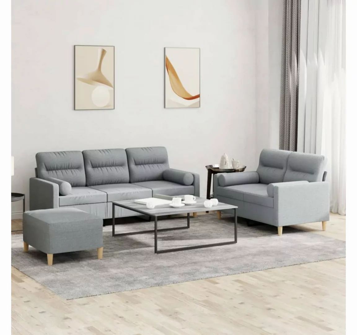 vidaXL Sofa Sofagarnitur Set mit Kissen Stoff, 3-tlg., Hellgrau günstig online kaufen