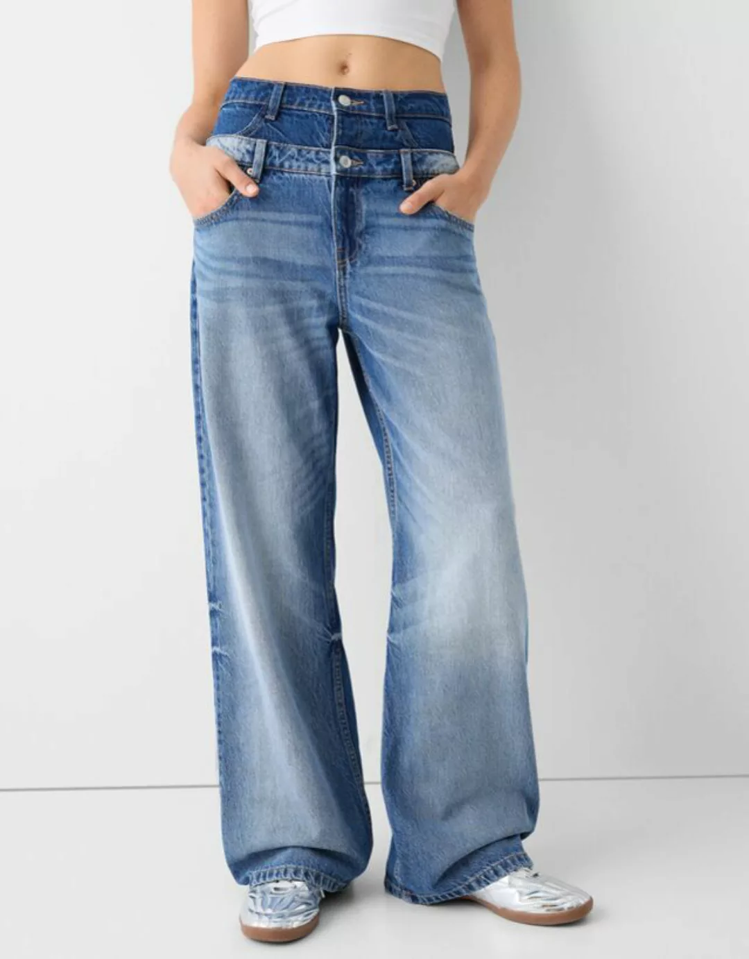 Bershka Baggy-Jeans Mit Doppeltem Bund Damen 36 Ausgewaschenes Blau günstig online kaufen