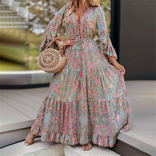 RUZU UG Dirndl Kleid im Strandresort-Stil, bedrucktes Maxikleid mit Glocken günstig online kaufen