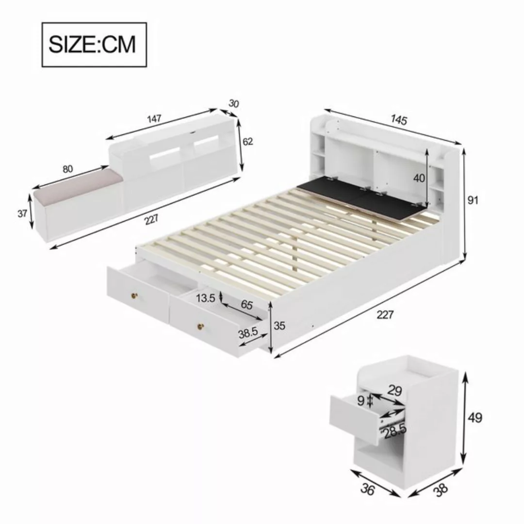 Flieks Massivholzbett, Kombi-Bett Doppelbett 140x200cm Nachttisch+ Stauraum günstig online kaufen