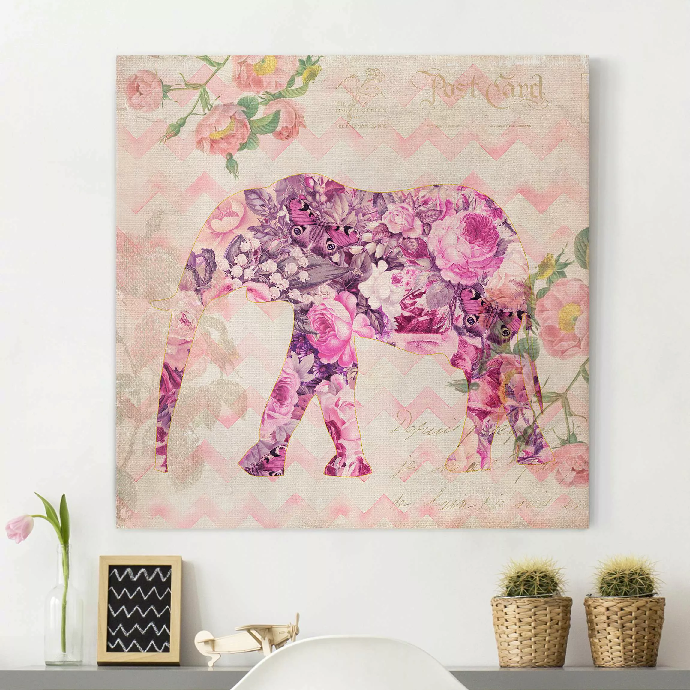 Leinwandbild Vintage Collage - Rosa Blüten Elefant günstig online kaufen