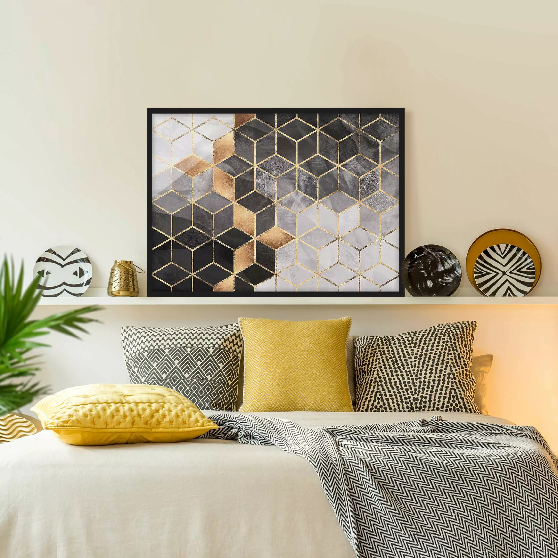 Bild mit Rahmen Abstrakt - Querformat Schwarz Weiß goldene Geometrie günstig online kaufen