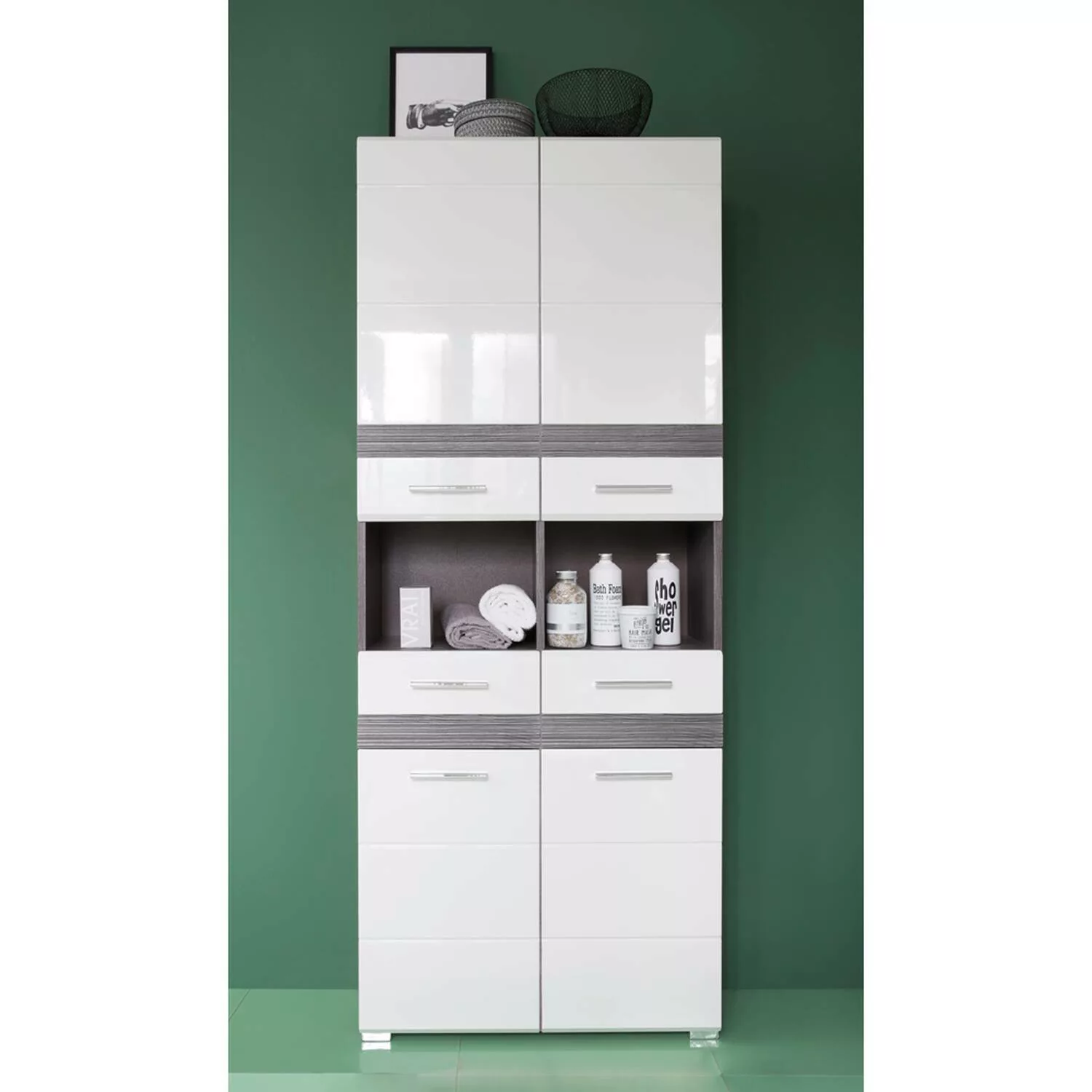 Badschrank ODRA-19 in Weiß Hochglanz mit Sardegna Rauchsilber, B/H/T: ca. 7 günstig online kaufen