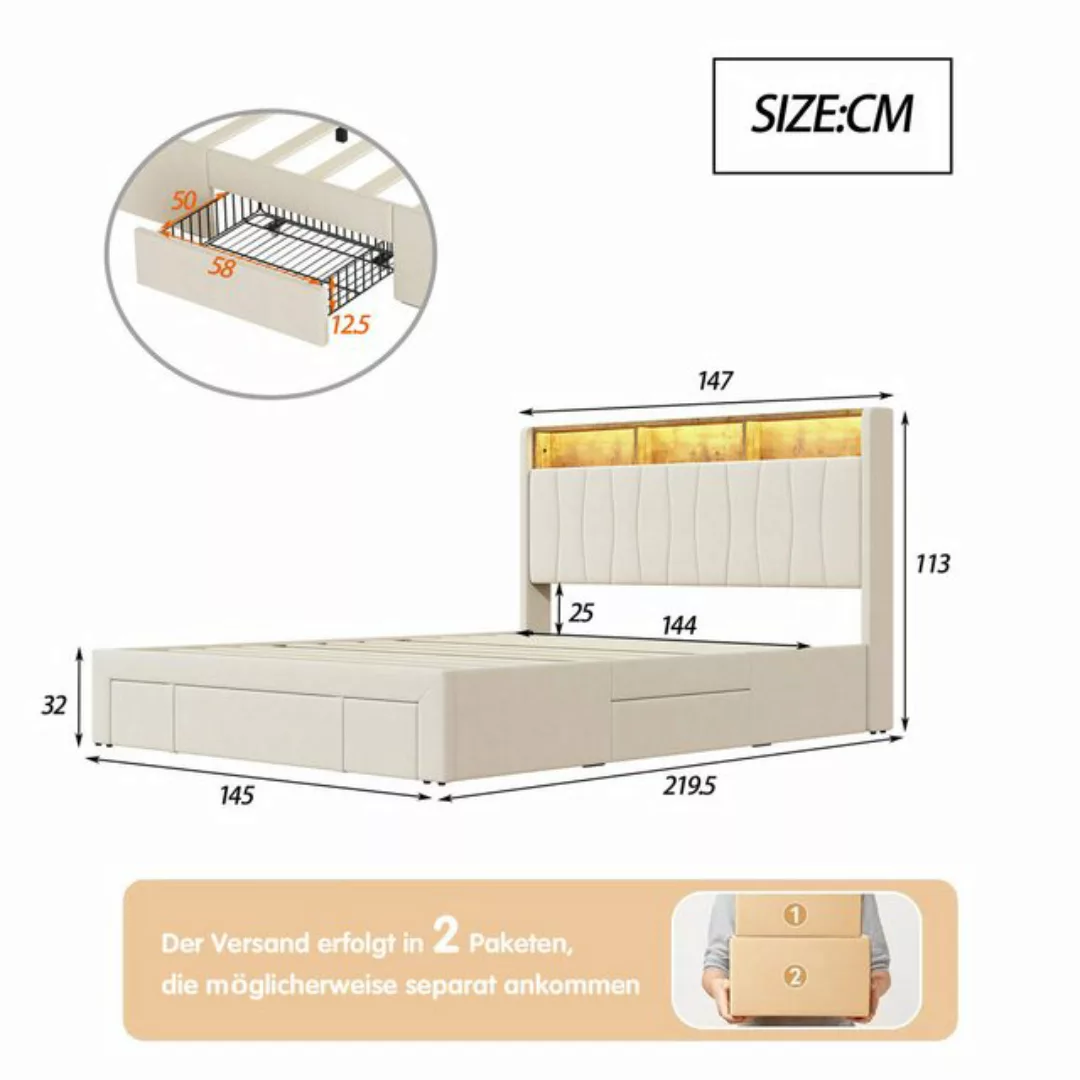 Furnishings Home Polsterbett Samt Doppelbett - 4 Schubladen - LED-Licht - U günstig online kaufen