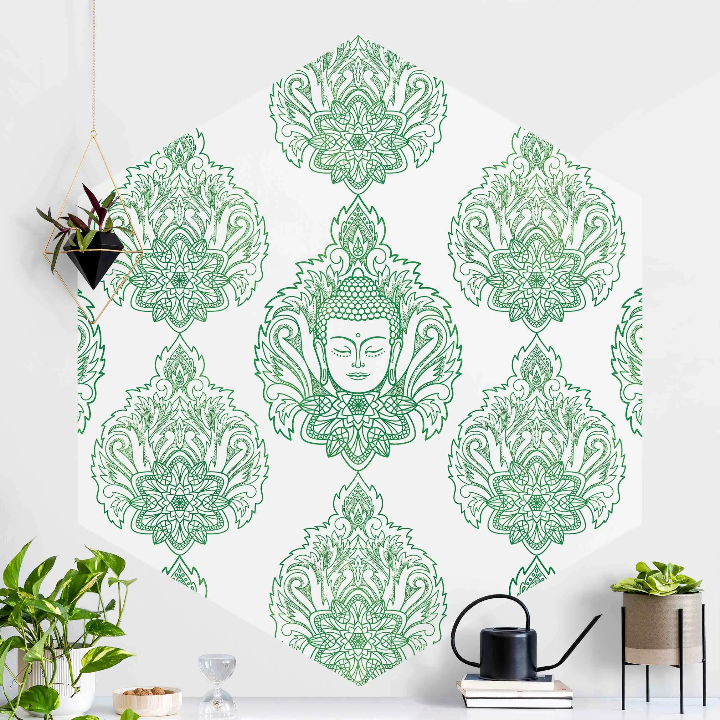 Hexagon Mustertapete selbstklebend Buddha und Lotus günstig online kaufen