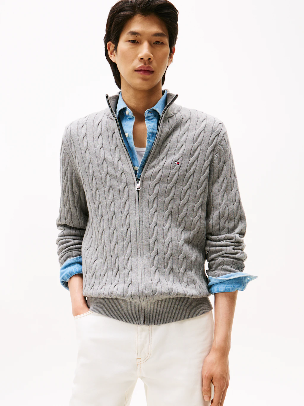 Tommy Hilfiger Strickjacke "CLASSIC COTTON CABLE ZIP THROUGH", mit Rippstri günstig online kaufen