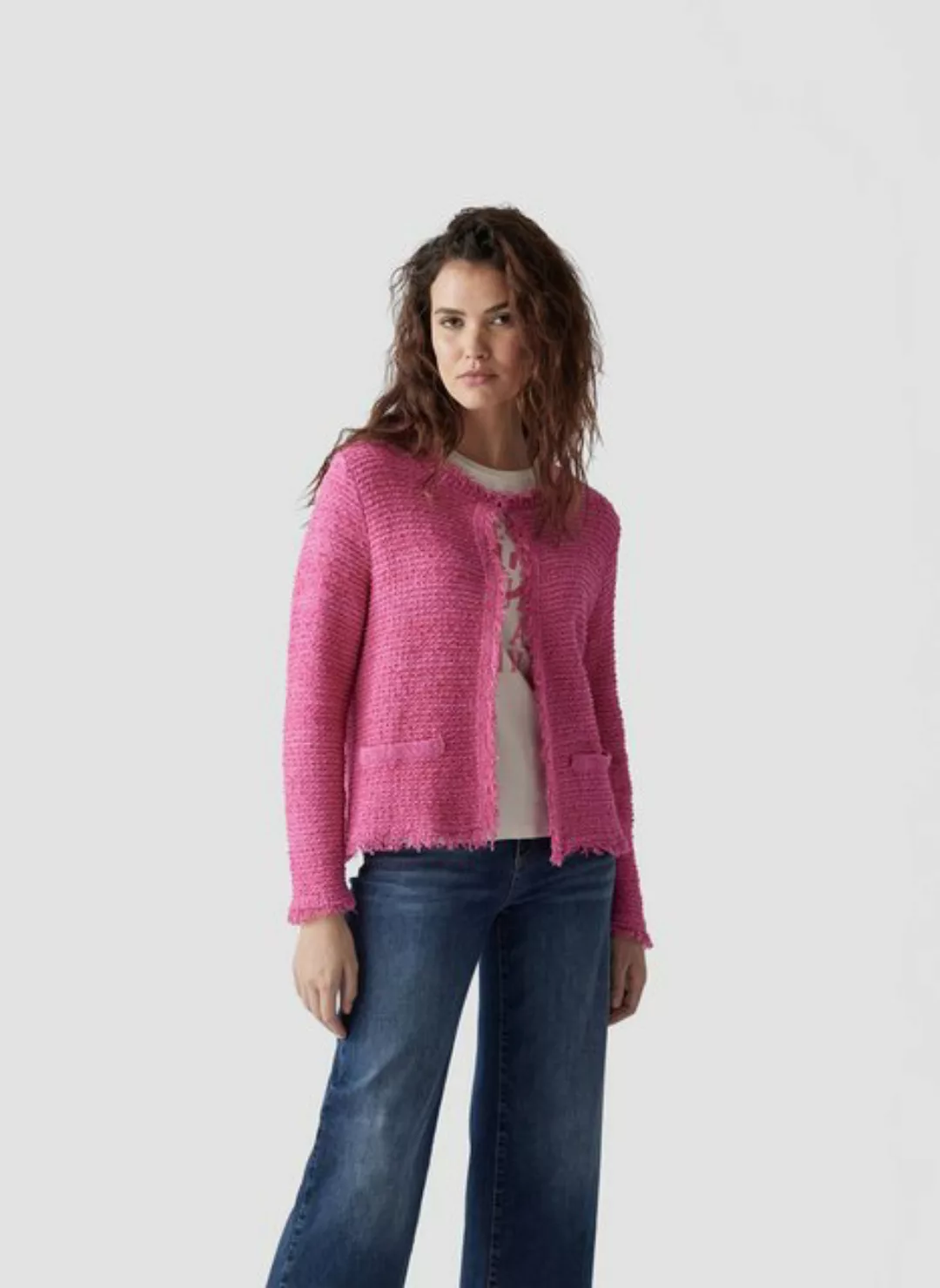 LeComte Strickjacke LeComte Bouclé-Jacke in strahlendem Pink mit Fransen-De günstig online kaufen