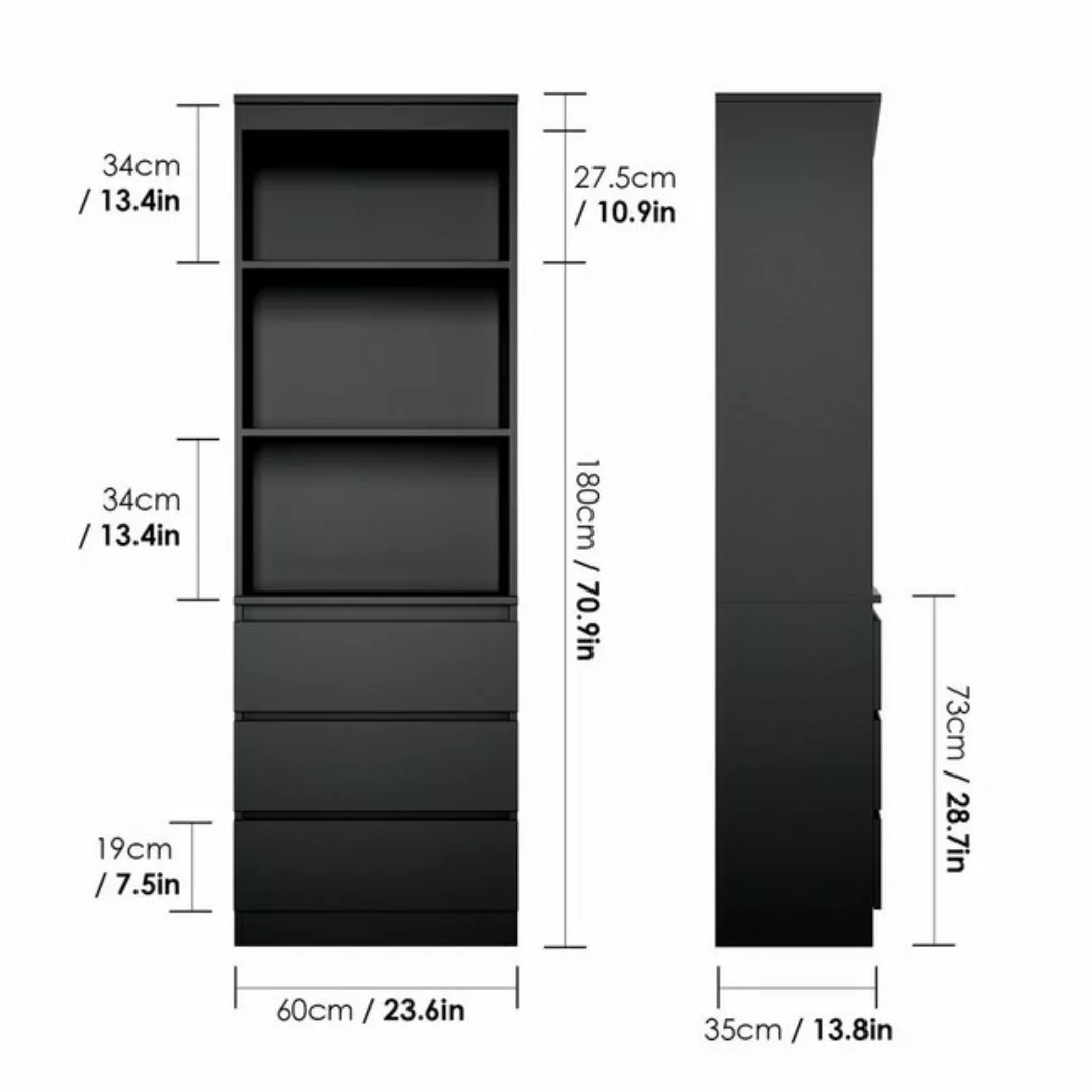Homfa Hochschrank Bücherschrank mit 3 Schubladen, Vitrinenschrank, schwarz günstig online kaufen