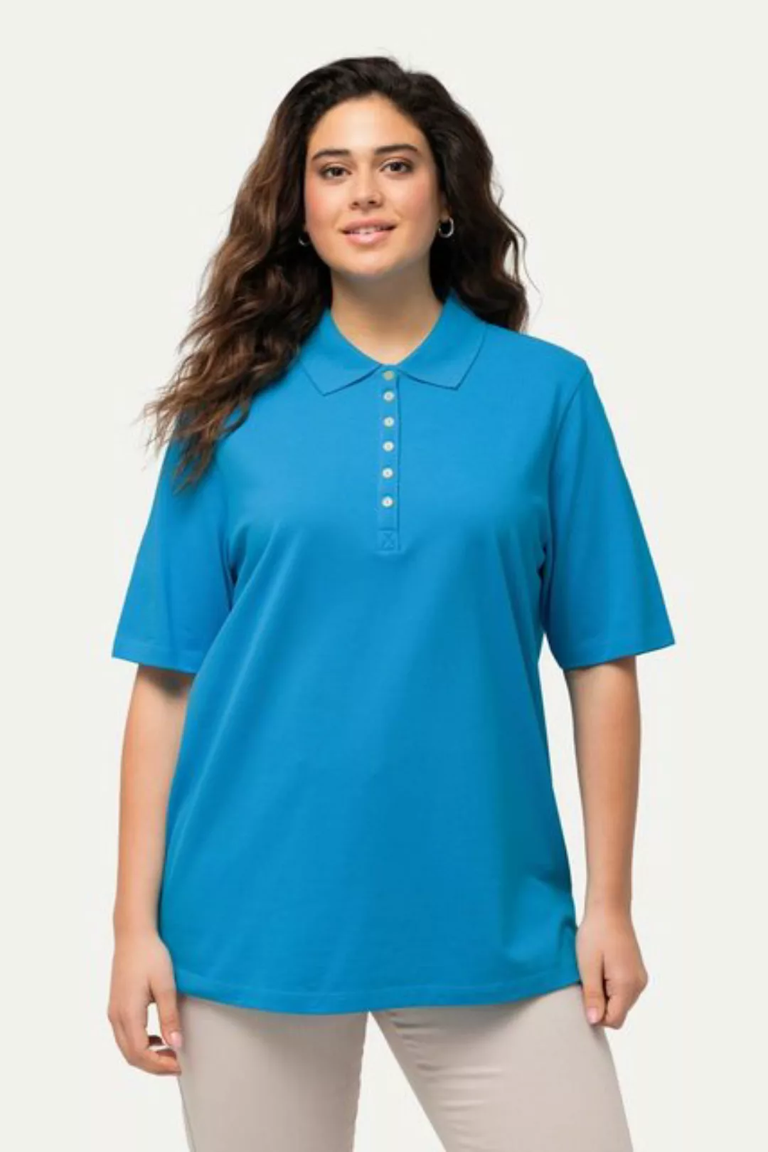 Ulla Popken Rundhalsshirt Poloshirt Piqué Polokragen Samt-Knopfleiste günstig online kaufen