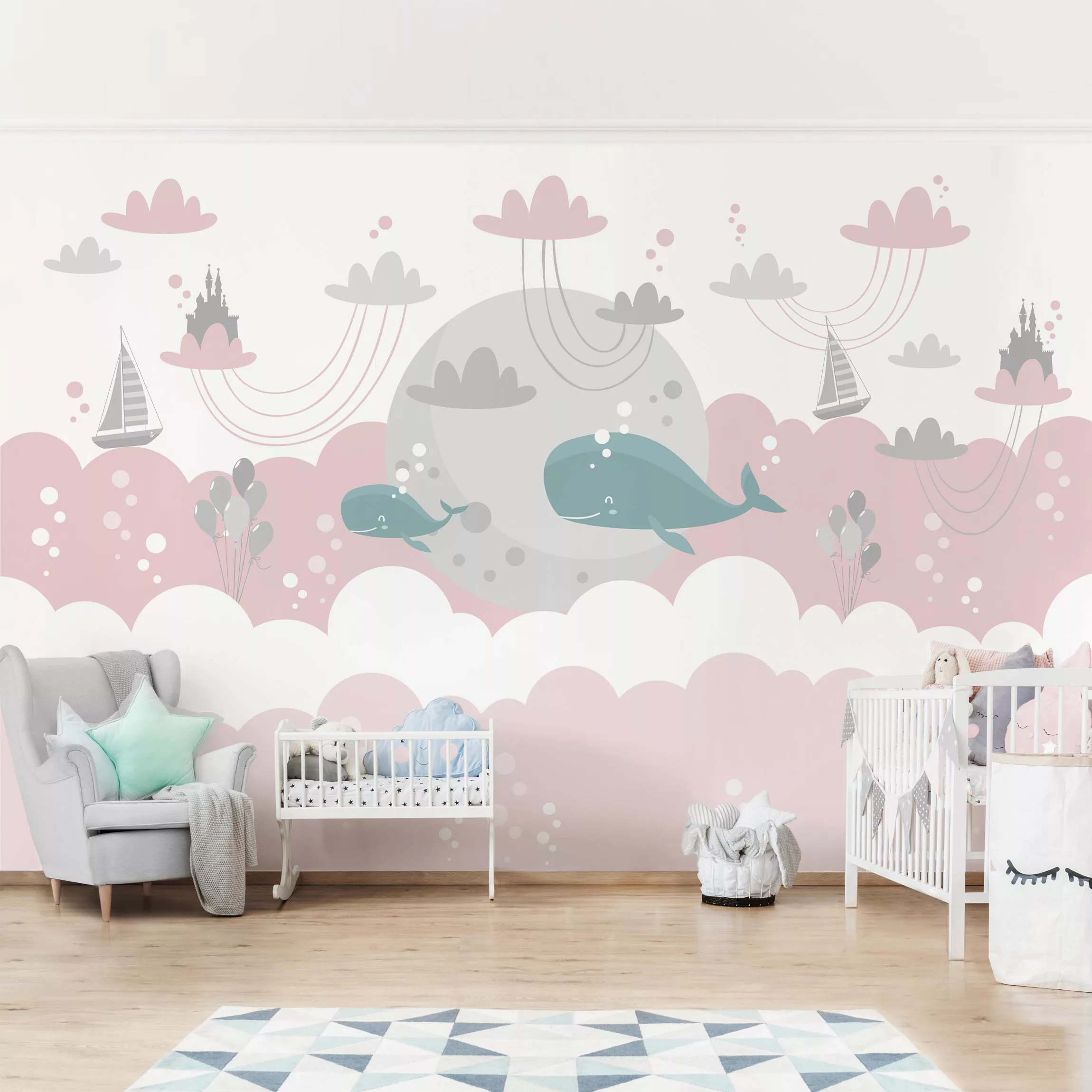 Bilderwelten Fototapete Wolken mit Wal und Schloss Rosa weiß Gr. 288 x 190 günstig online kaufen