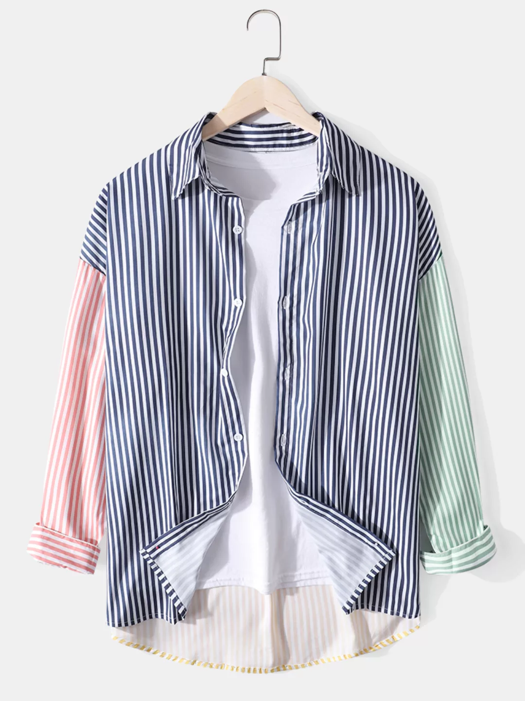Herren gestreifte Kontrastfarbe Drop Sleeve Patchwork Baumwolle Langarm Shi günstig online kaufen
