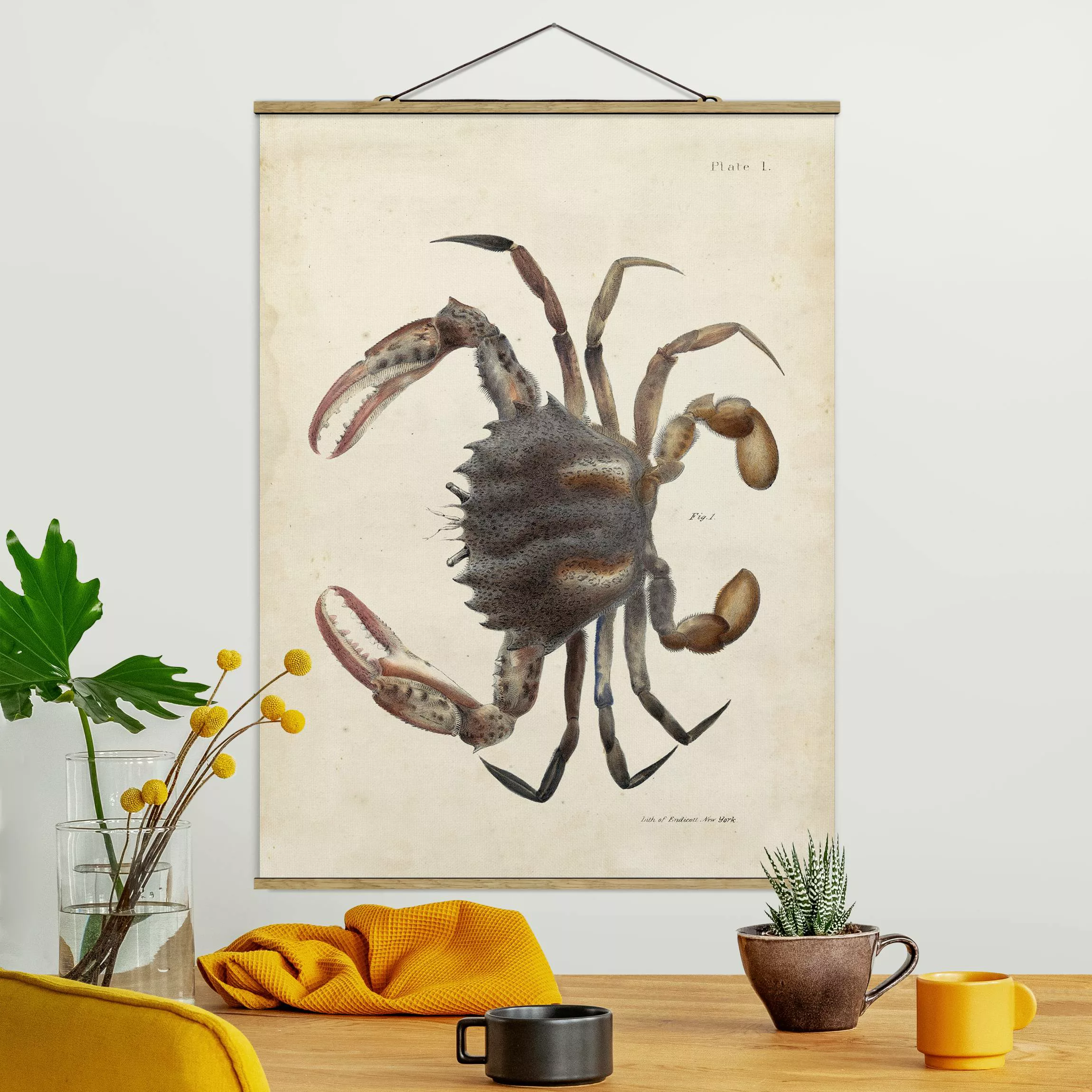Stoffbild Tiere mit Posterleisten - Hochformat Vintage Illustration Krabbe günstig online kaufen