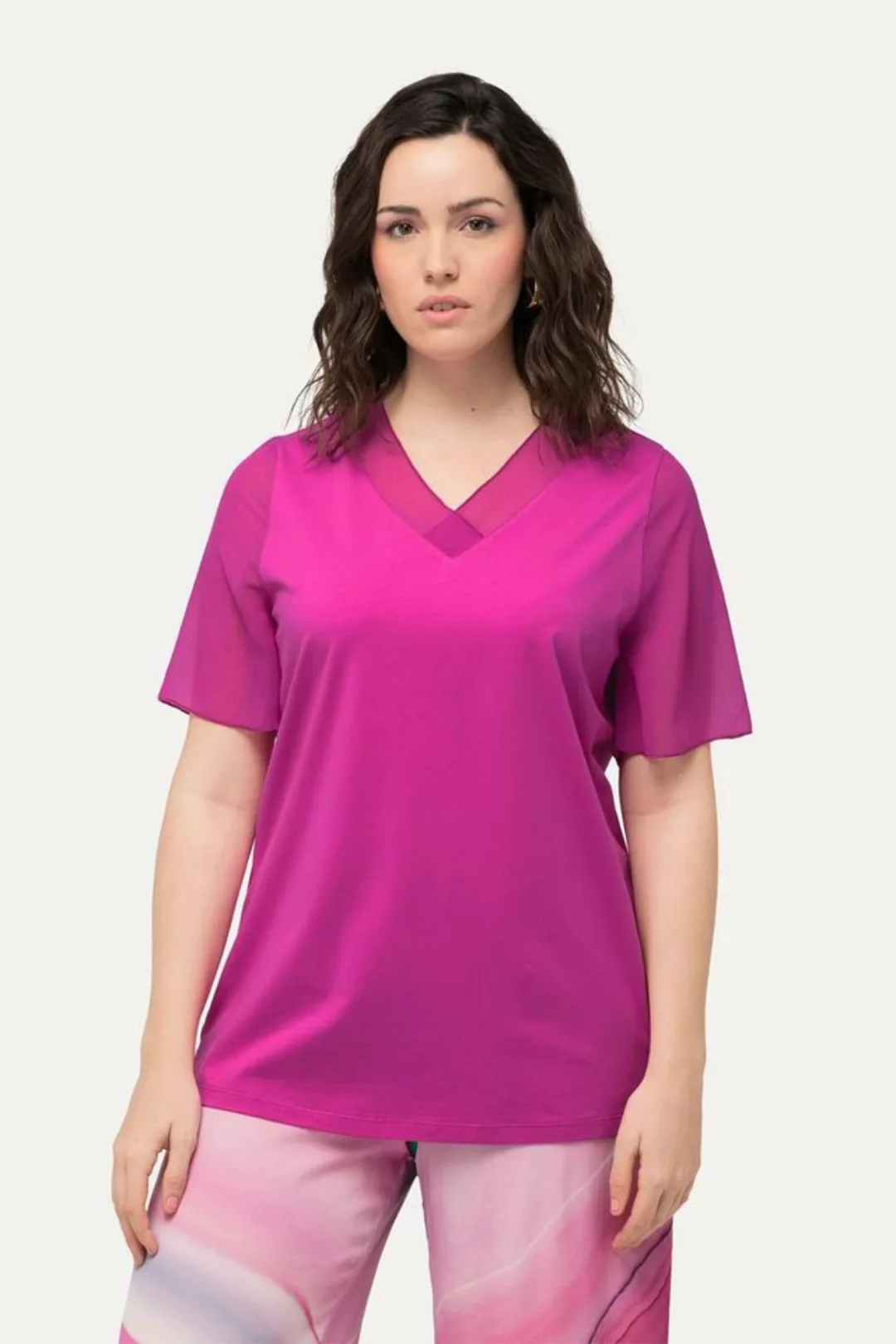 Ulla Popken Rundhalsshirt T-Shirt Chiffon-Blende V-Ausschnitt günstig online kaufen