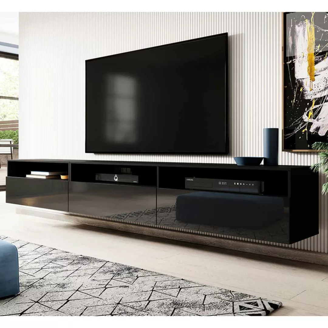 Flaches Fernsehmöbel in Schwarz Hochglanz und matt 270 cm breit günstig online kaufen