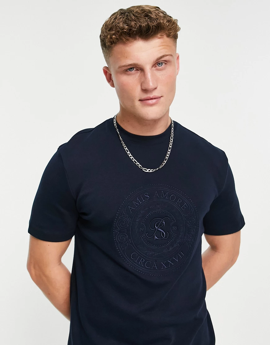 River Island – Schmal geschnittenes T-Shirt in Marineblau mit Münz-Stickere günstig online kaufen