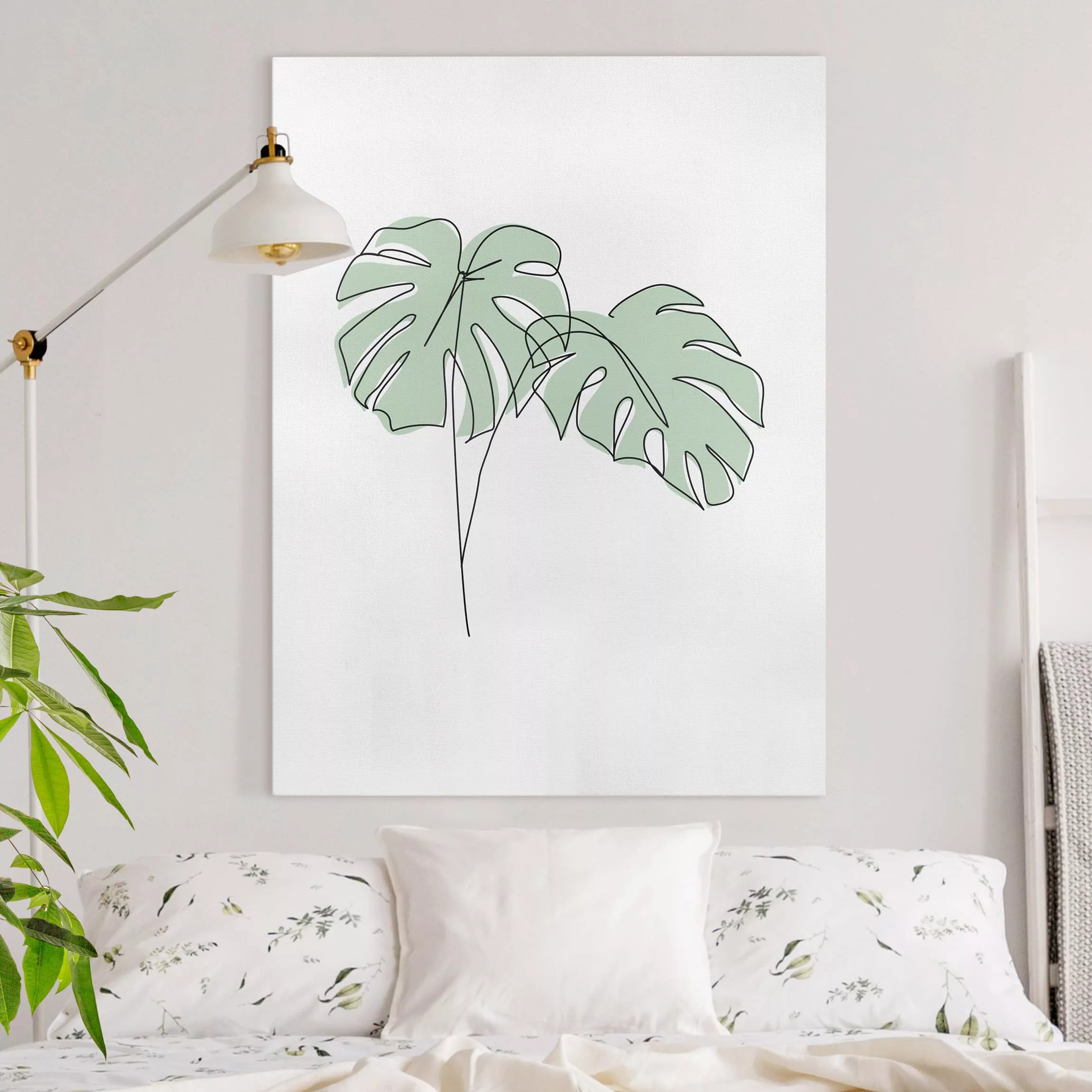 Leinwandbild Blumen - Hochformat Monstera Blätter Line Art günstig online kaufen