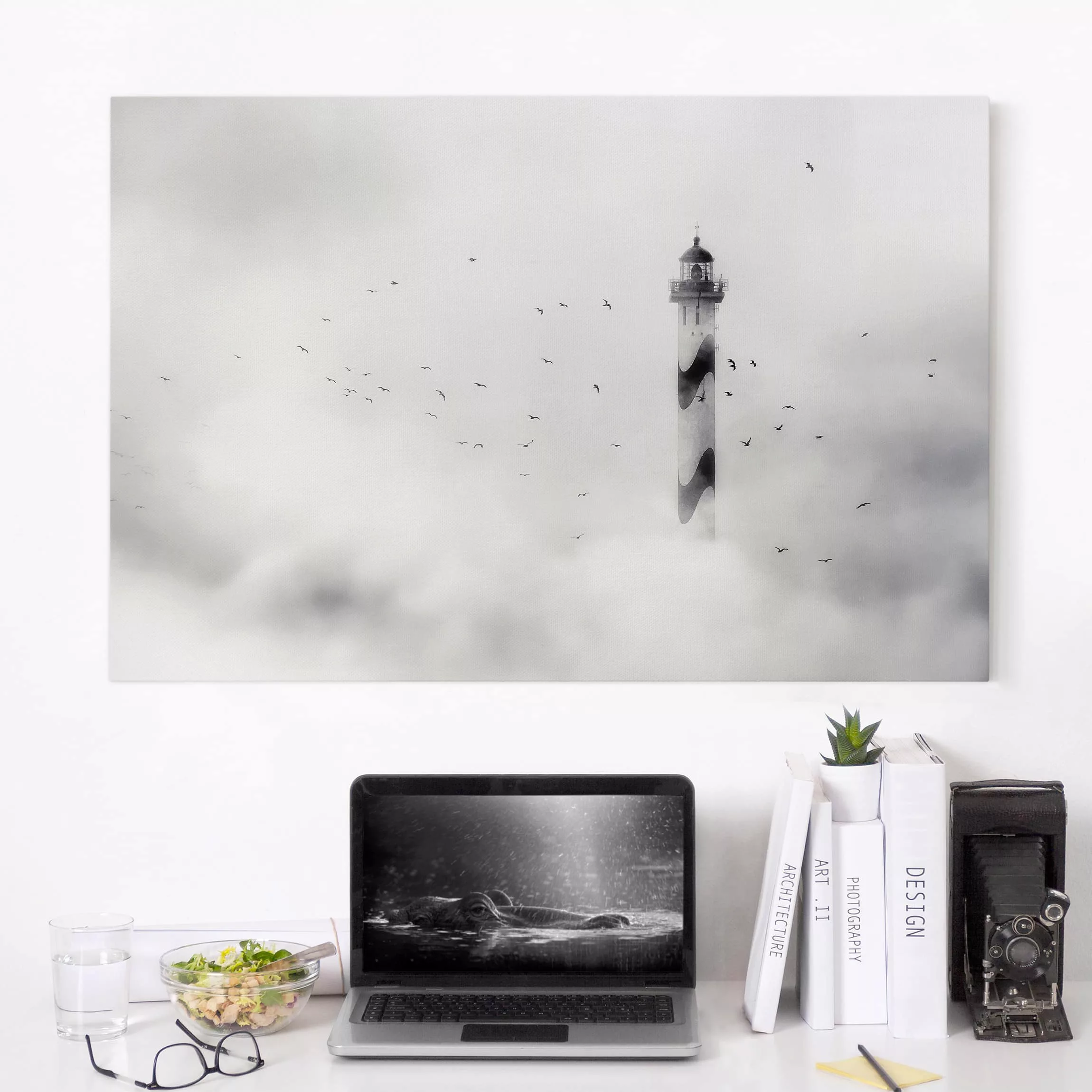Leinwandbild Leuchtturm - Querformat Leuchtturm im Nebel günstig online kaufen