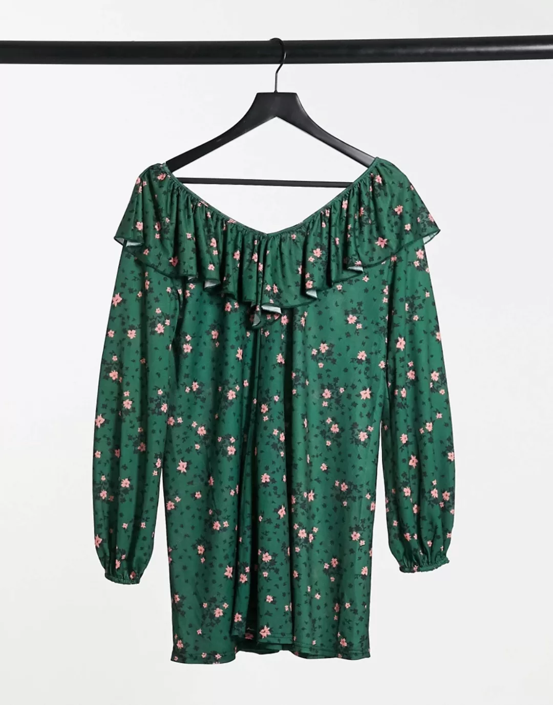 ASOS DESIGN – Langärmlige Bluse in Tannengrün mit V-Ausschnitt, Schnürung a günstig online kaufen