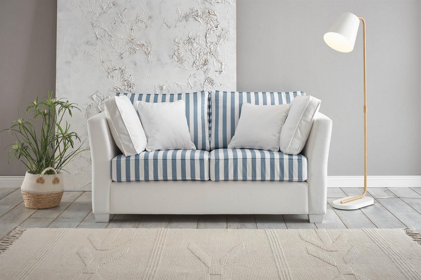 Design-Wohngalerie Sofa Couch Westerland 2 Sitzer - Webstoff Blau/Weiß gest günstig online kaufen