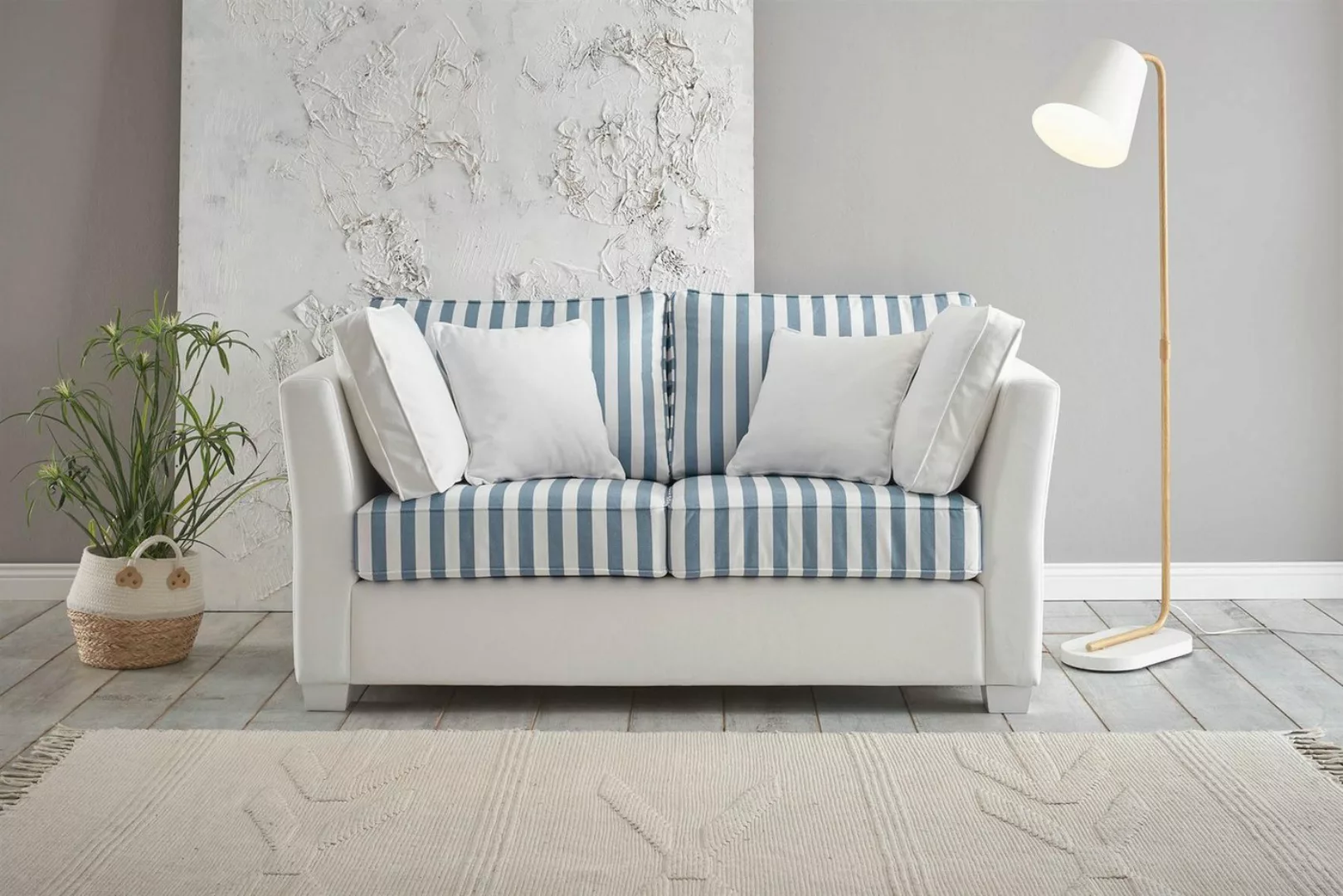 Design-Wohngalerie Sofa Couch Westerland 2 Sitzer - Webstoff Blau/Weiß gest günstig online kaufen