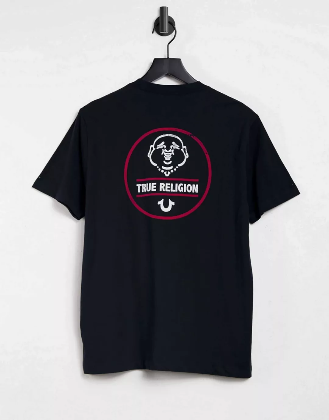 True Religion – Schwarzes T-Shirt mit rückseitigem Logoprint günstig online kaufen