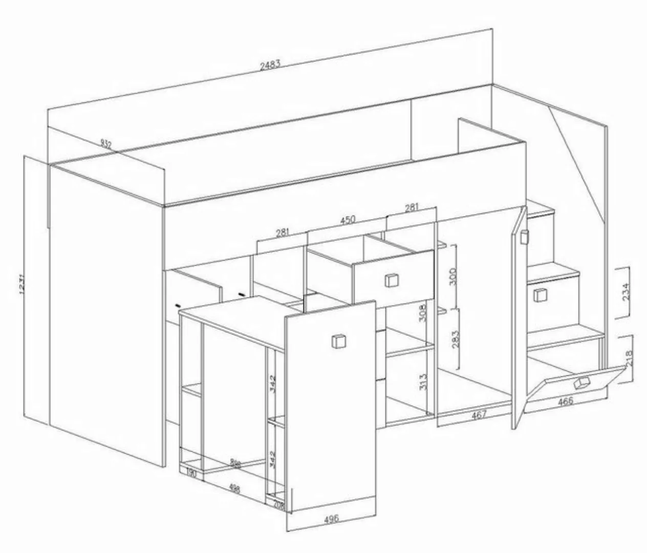 Unique Home Hochbett Kinderbett TOL 3P, mit Schreibtisch, Schrank und Schub günstig online kaufen