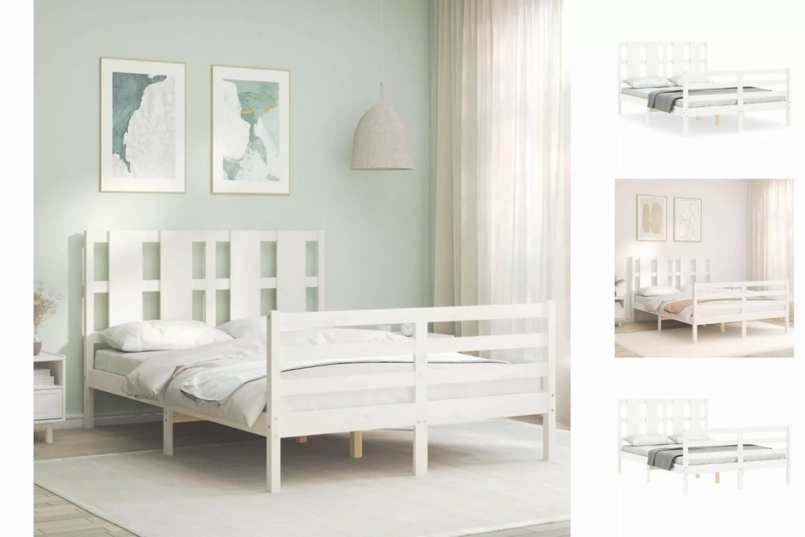 vidaXL Bettgestell Massivholzbett mit Kopfteil Weiß 140x200 cm Bett Bettges günstig online kaufen