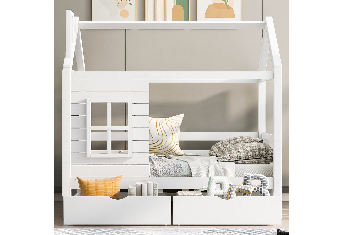 MODFU Kinderbett Hausbett (Weiß 160x80cm mit Lattenrost ohne Matratze), Mas günstig online kaufen