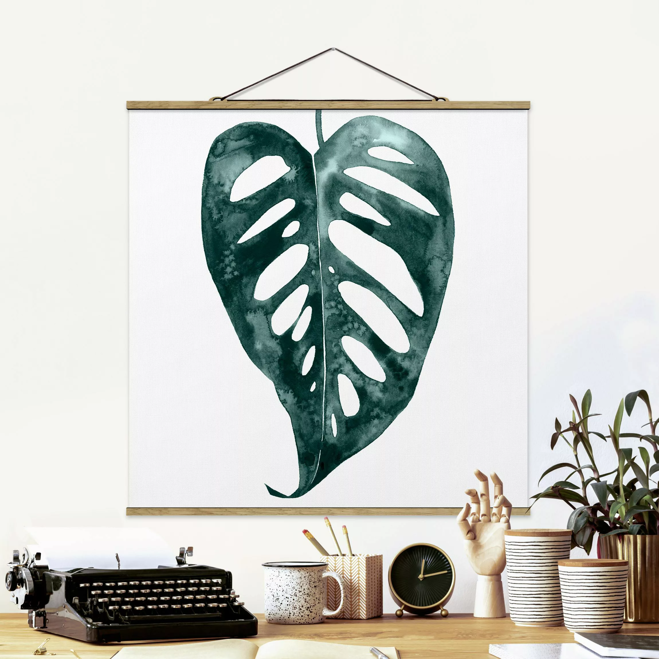 Stoffbild Blumen mit Posterleisten - Quadrat Smaragdgrüne Monstera Adansoni günstig online kaufen