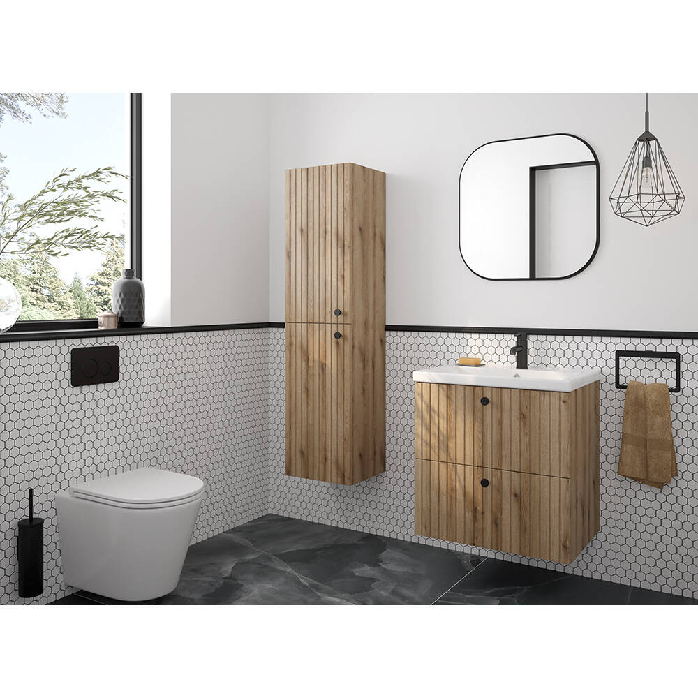 Badmöbel Set 3-teilig, 60 cm Waschtisch und Spiegel, Eiche RIVA-107 günstig online kaufen