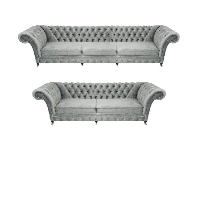 JVmoebel Chesterfield-Sofa Grau Luxus Wohnzimmer Set 3tlg Textil Polstermöb günstig online kaufen